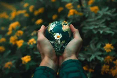 Hands Holding A Glass Globe With A Daisy Inside
