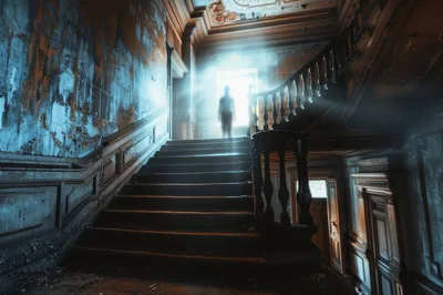 Ghostly Figure Standing At The Top Of Grand Staircase