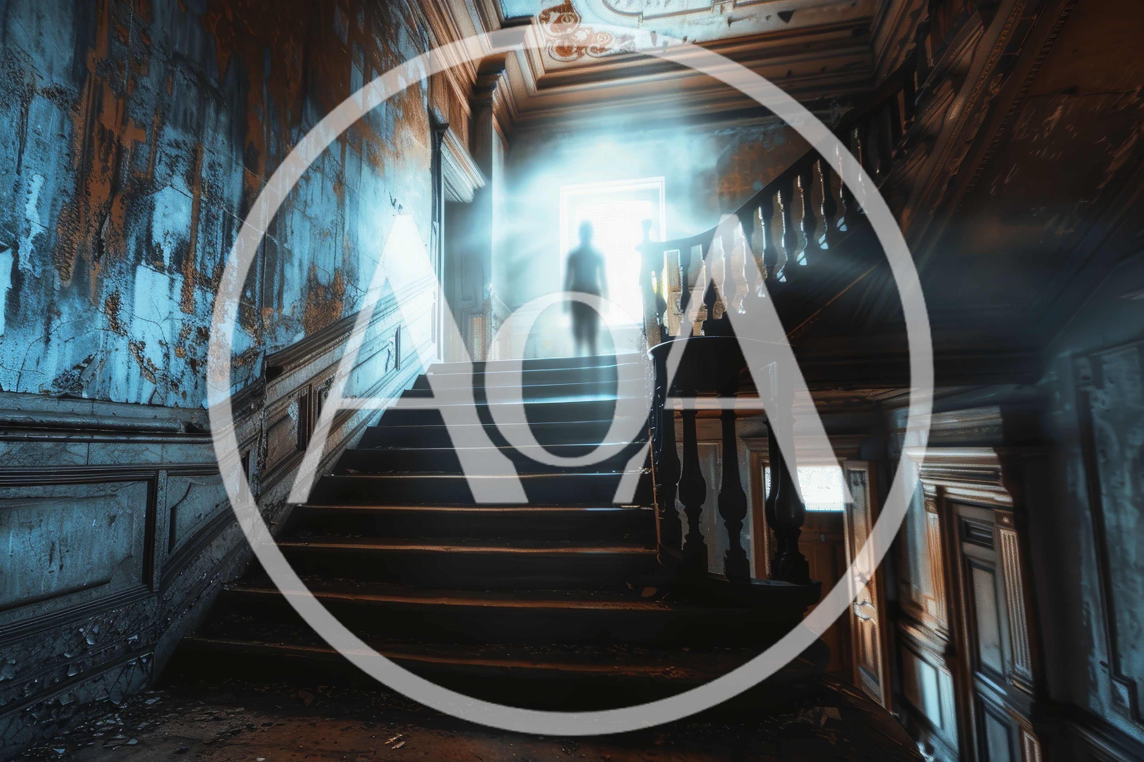 Ghostly Figure Standing At The Top Of Grand Staircase