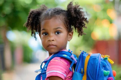 Young African American Girl With Backpack Looking Back