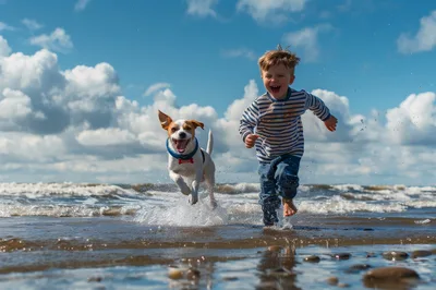 Happy Boy Running With Dog On Beach