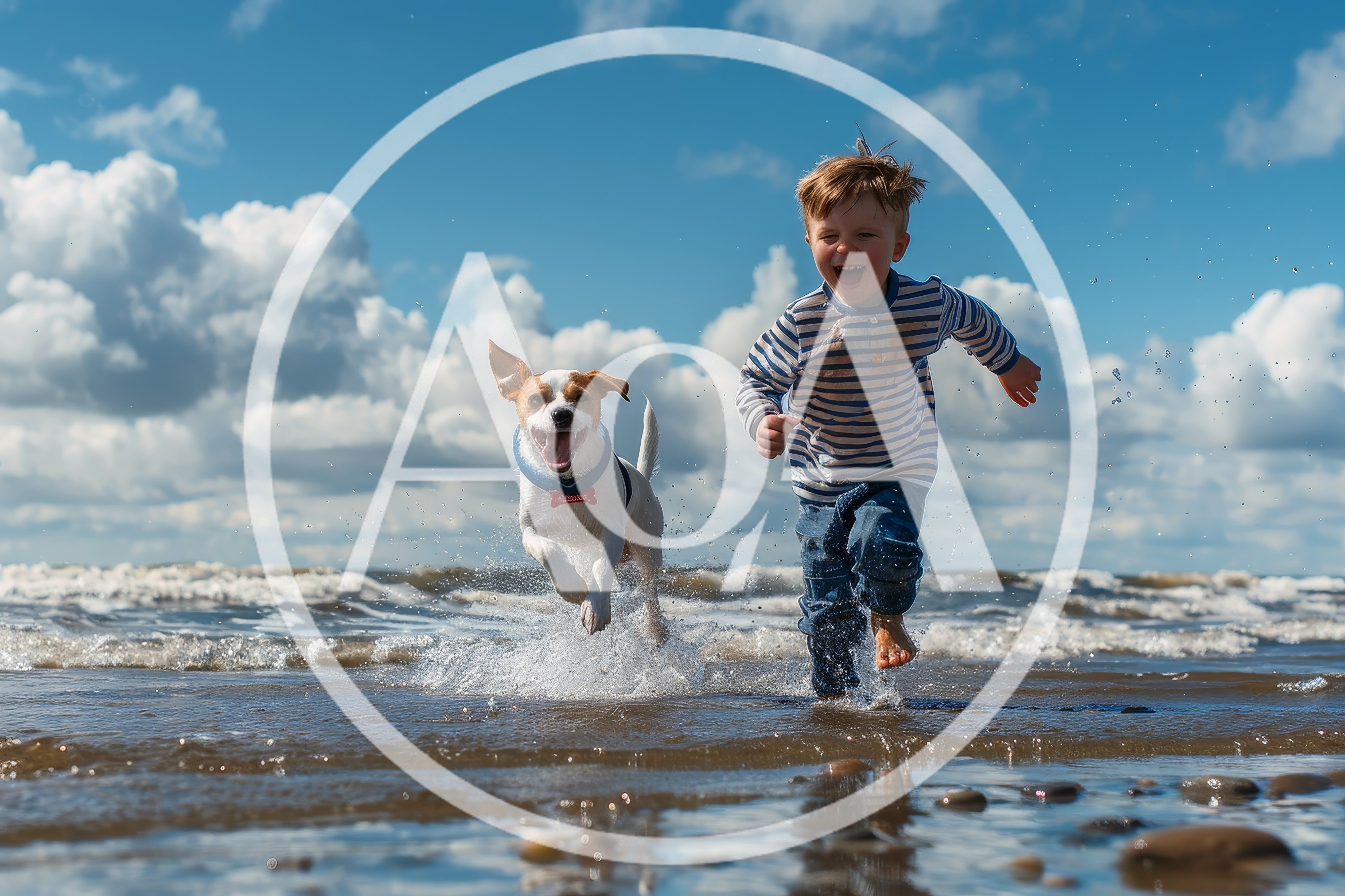 Happy Boy Running With Dog On Beach