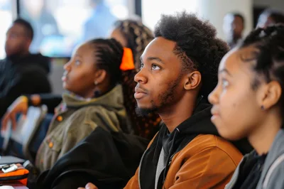 Diverse Students Attending An Educational Lecture In Classroom