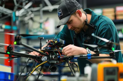 Technician Assembling A Professional Drone In A Workshop