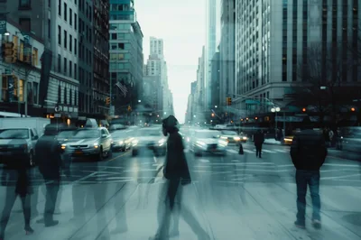 Blurred Pedestrians Crossing Busy New York City Street