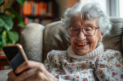 Elderly Woman Smiling While Using Her Smartphone