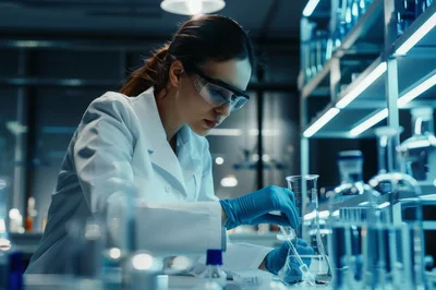 Female Scientist Conducting Chemical Experiment In Modern Laboratory