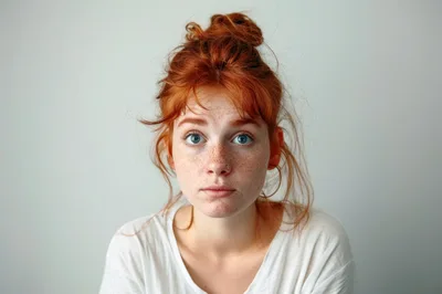 Portrait Of A Young Woman With Red Hair And Freckles