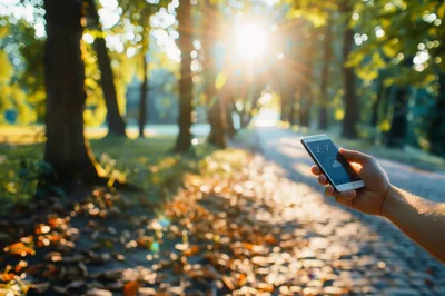Person Holding Smartphone In Sunny Autumn Park