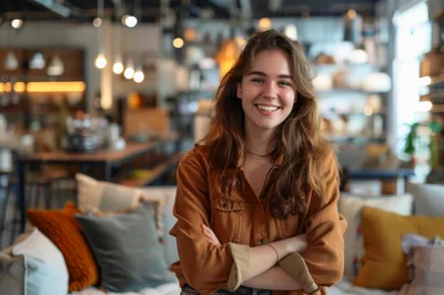 Smiling Young Woman Standing In A Modern Furniture Store