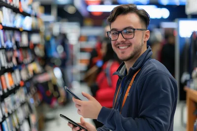 Young Man Holding Two Smartphones In A Retail Store