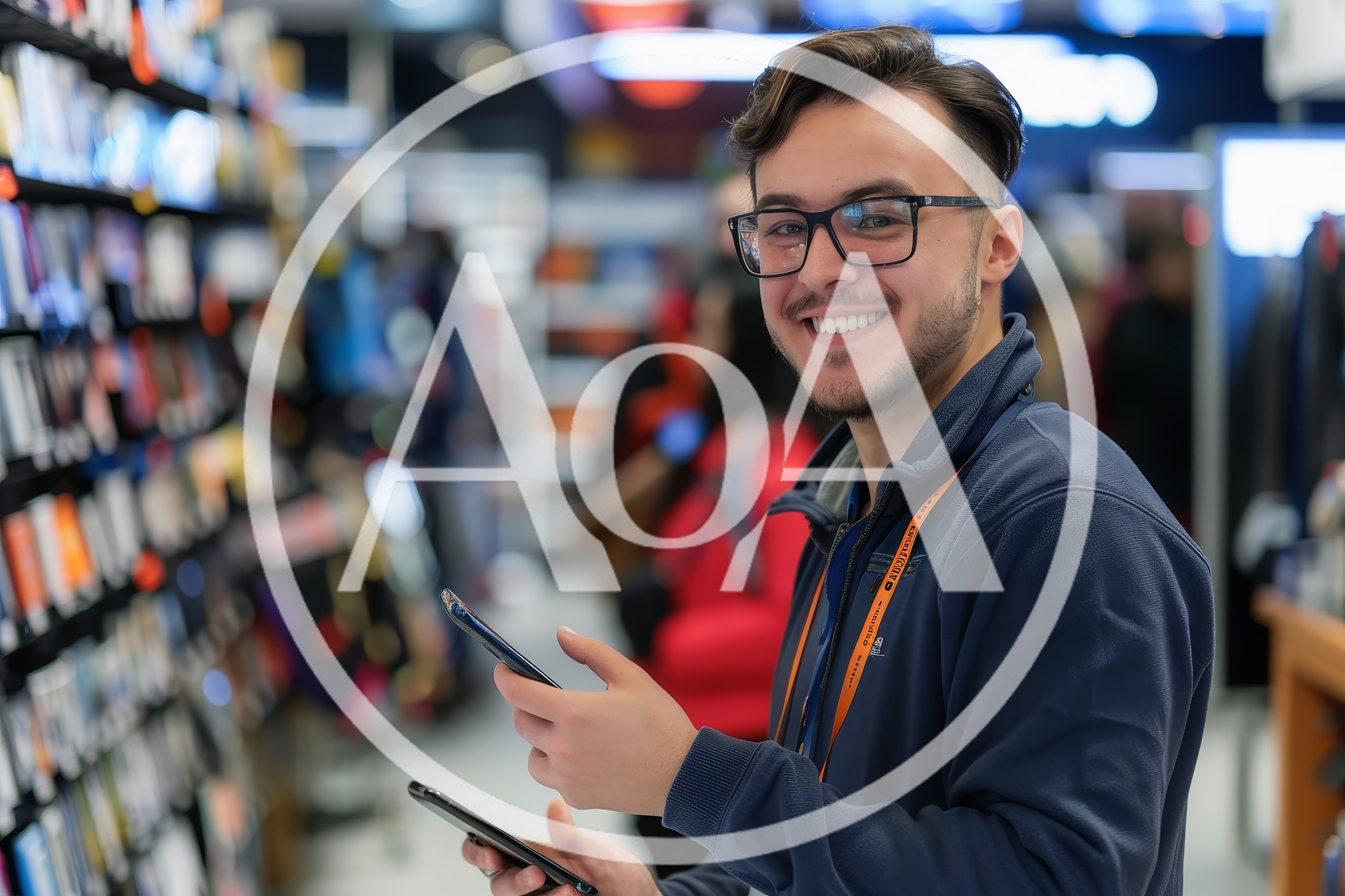 Young Man Holding Two Smartphones In A Retail Store