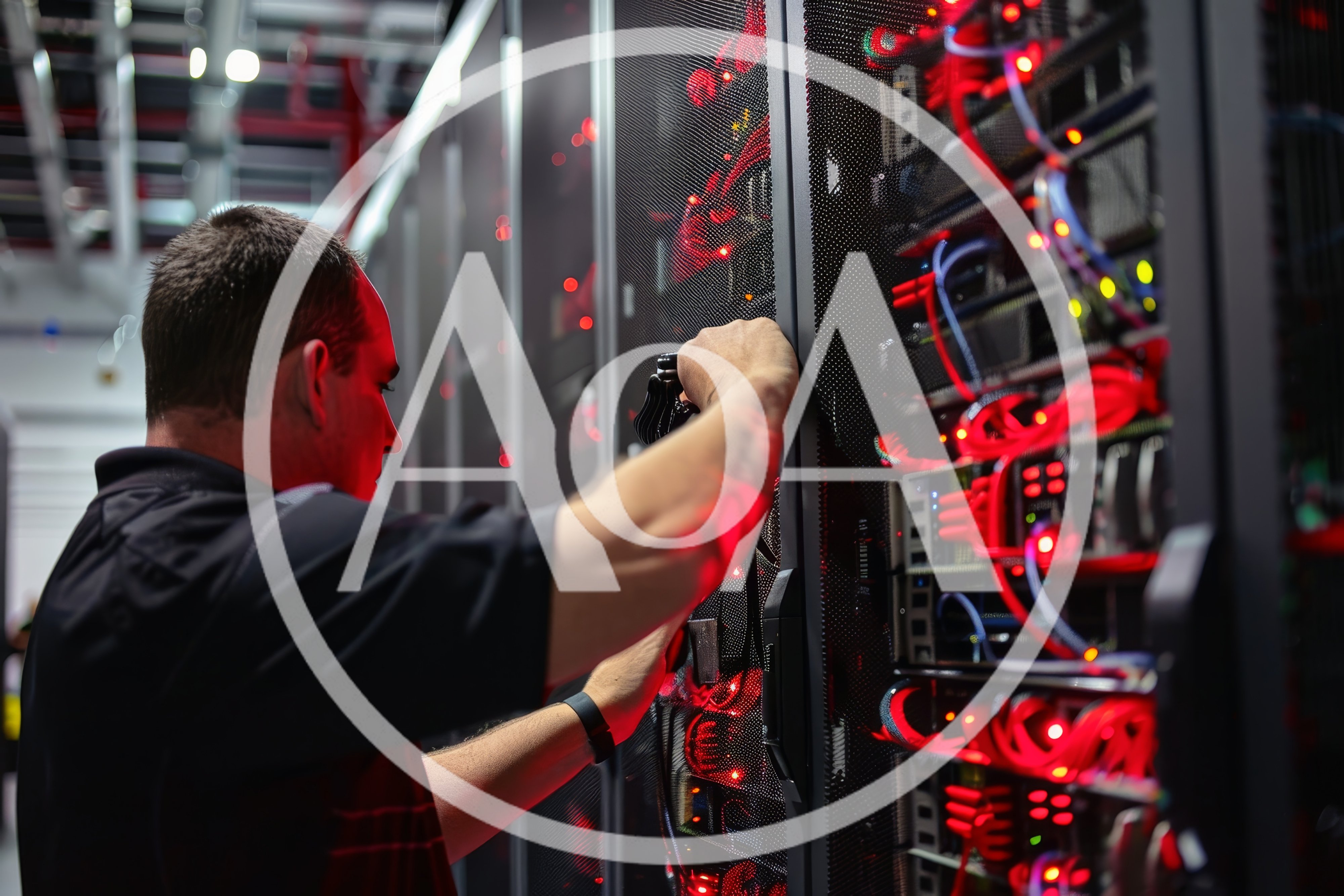 IT Technician Working On Server Rack In Data Center