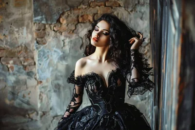 Gothic Woman In Black Lace Dress Posing