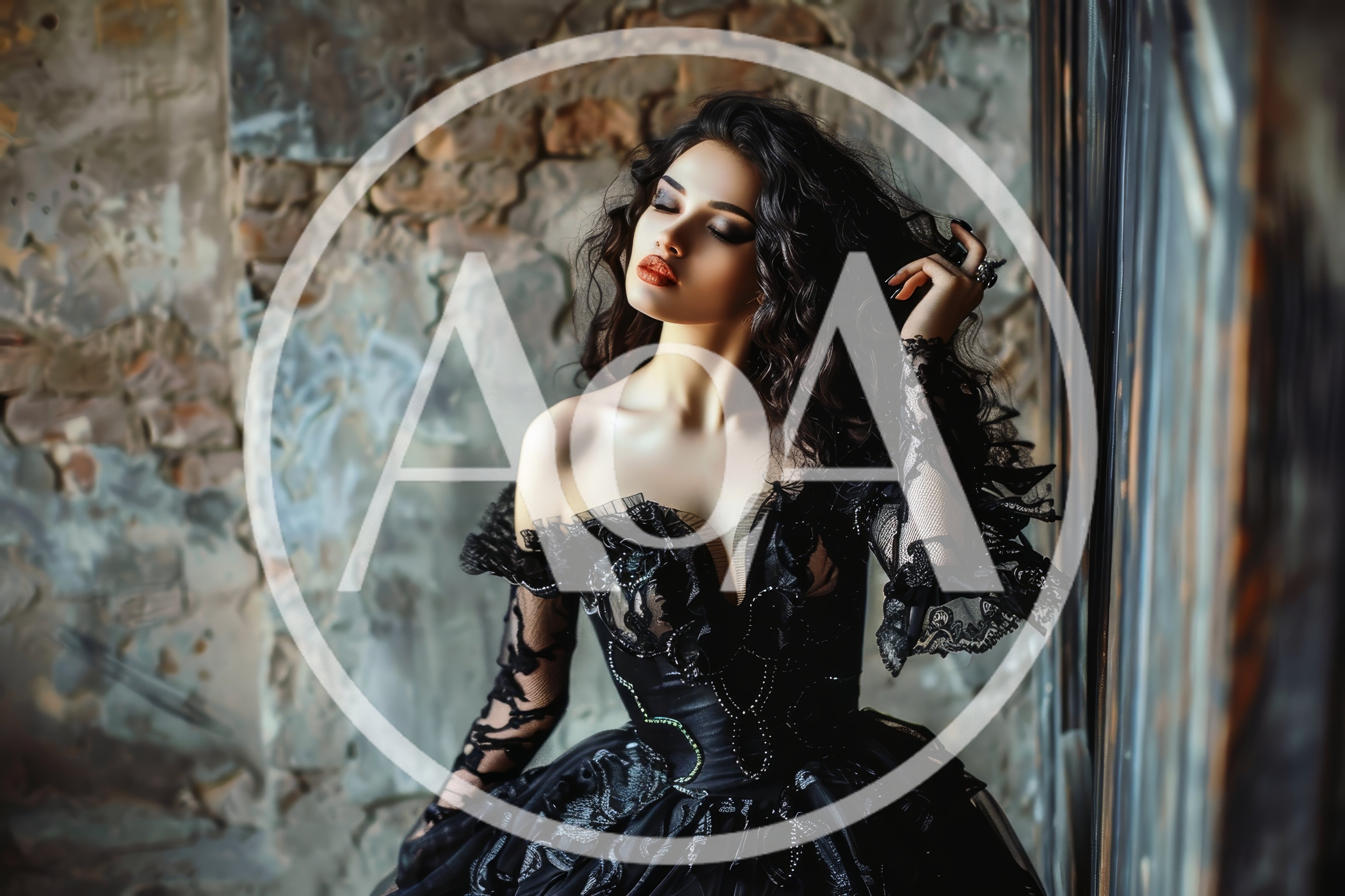 Gothic Woman In Black Lace Dress Posing