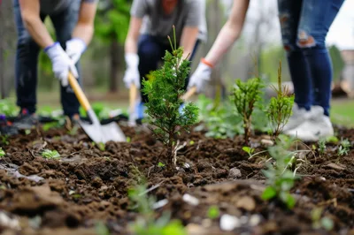 Group Of Volunteers Planting Young Conifer Trees