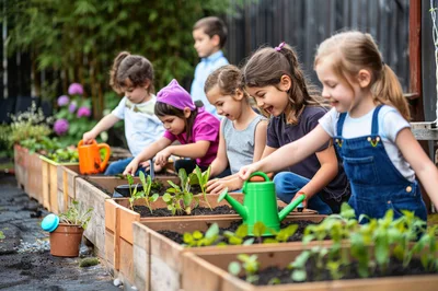 Group of Children Gardening in Raised Garden Beds