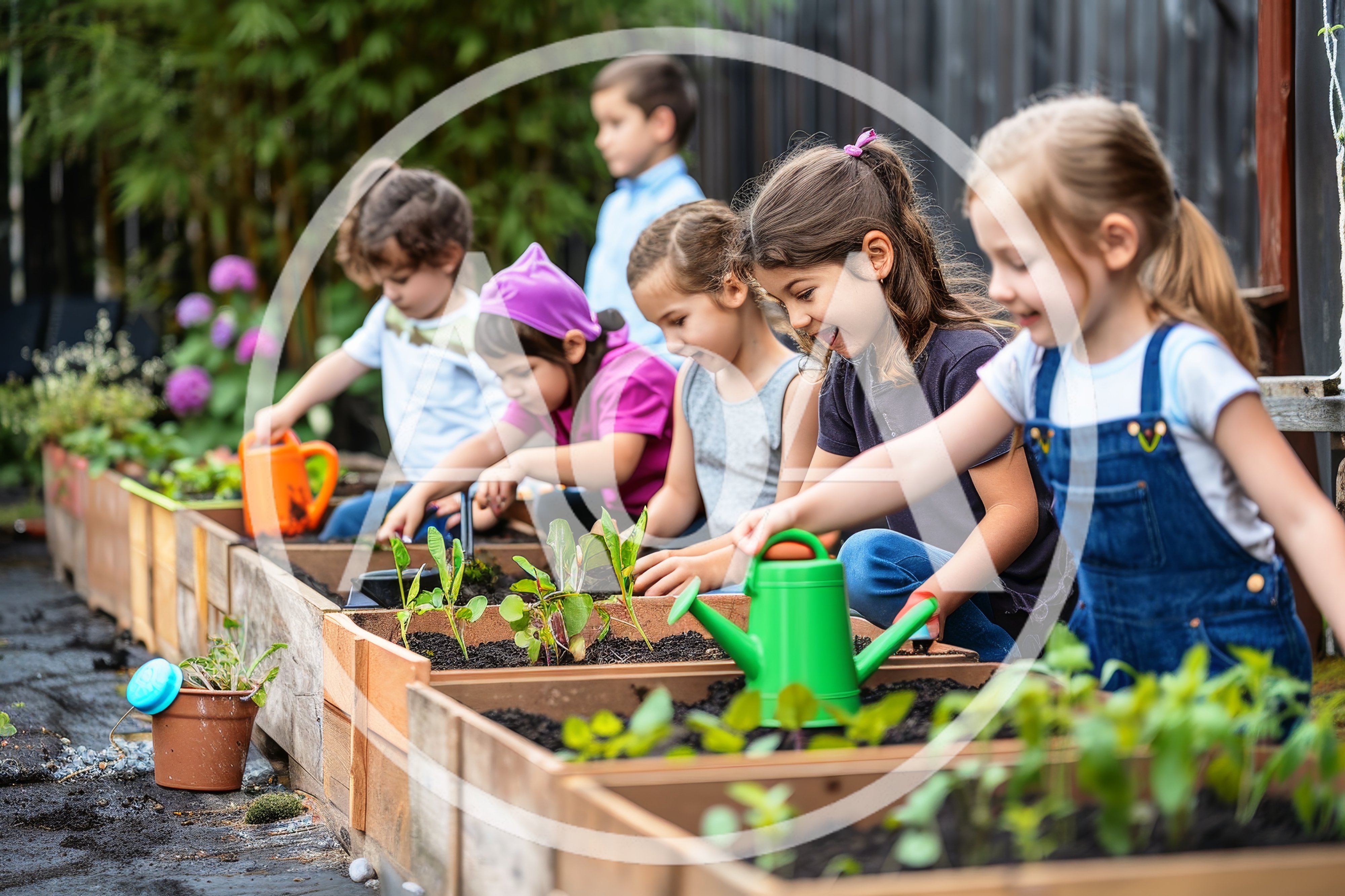 Group of Children Gardening in Raised Garden Beds