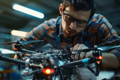 Technician Assembling A Custom Drone In A Workshop