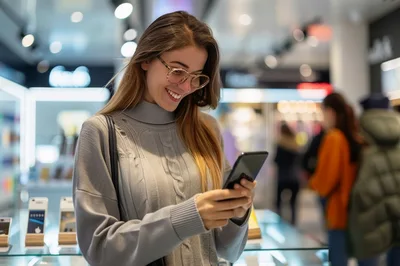 Young Woman Using Smartphone In A Modern Electronics Store