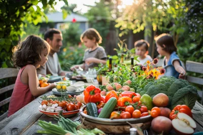 Family Enjoying A Fresh Garden Harvest Meal Outdoors