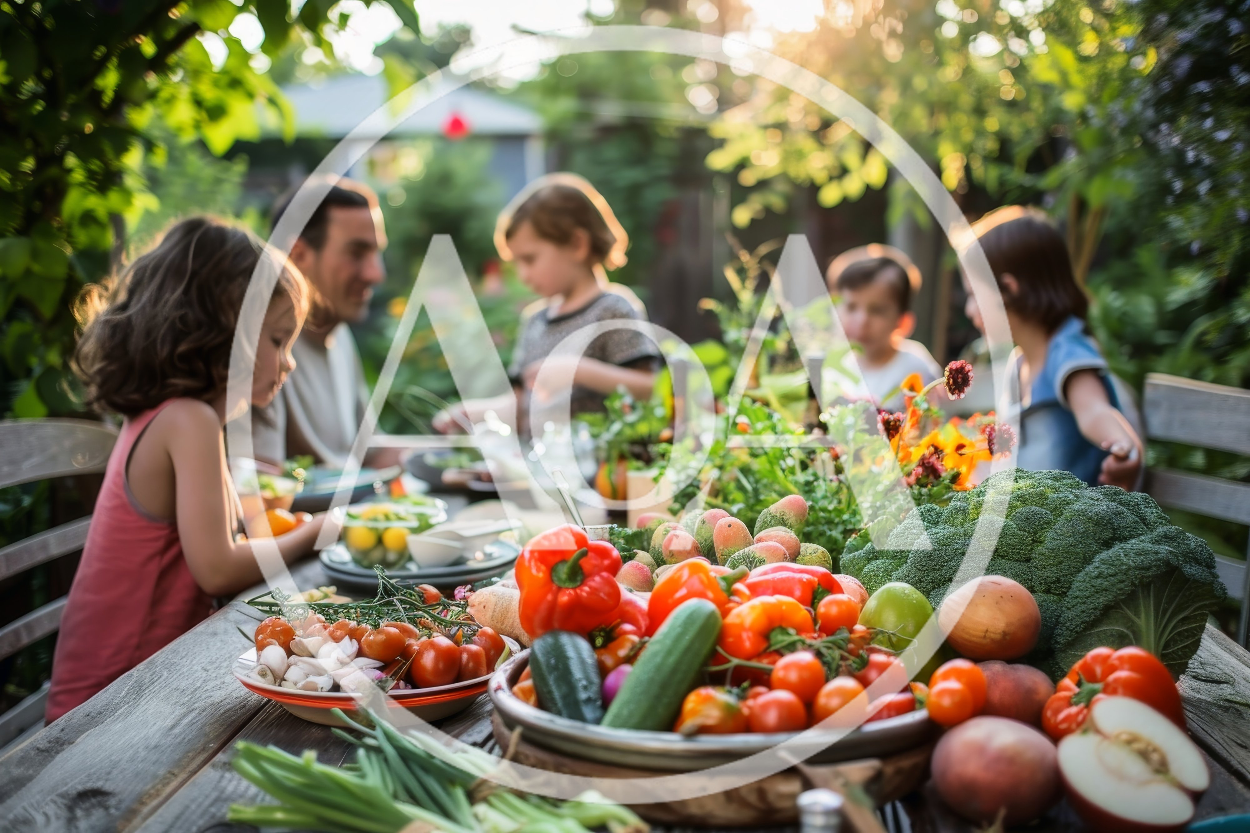 Family Enjoying A Fresh Garden Harvest Meal Outdoors