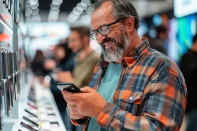 Middle Aged Man Browsing Smartphones In Electronics Store
