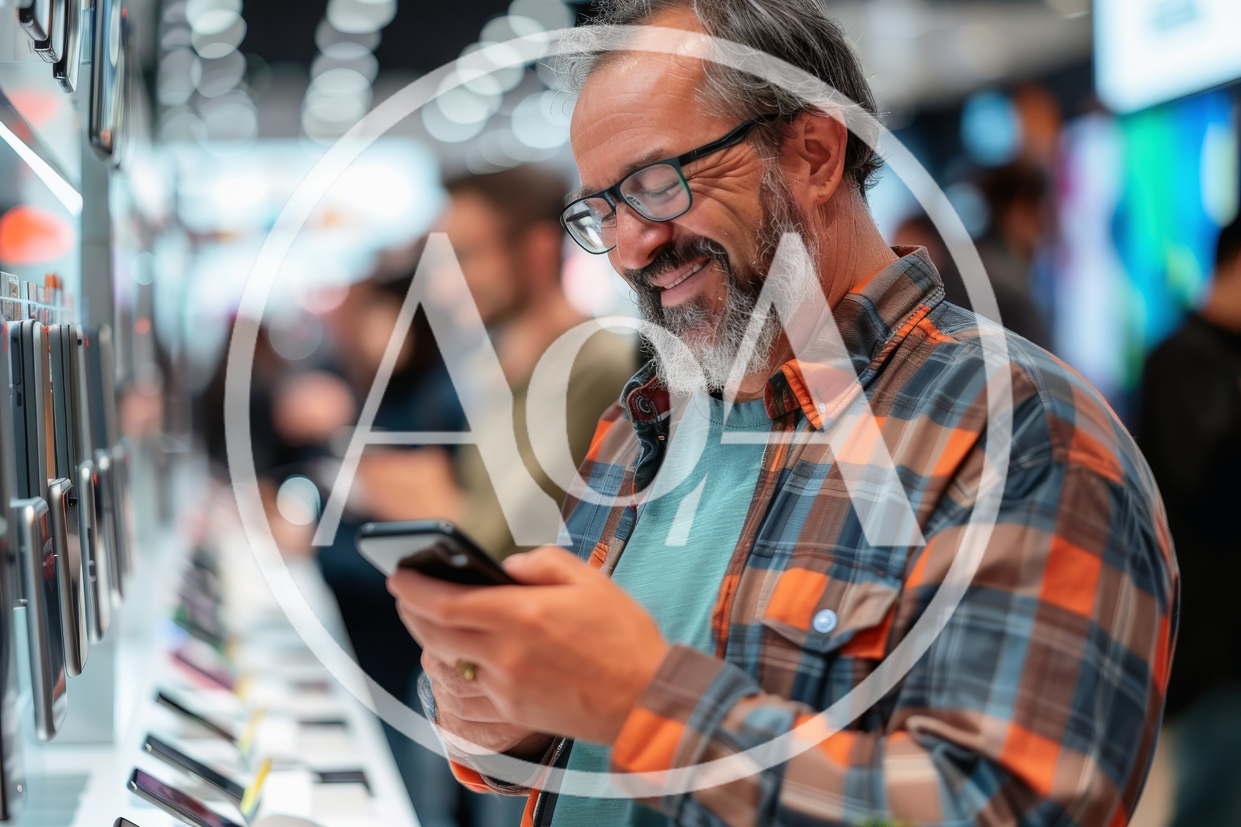 Middle Aged Man Browsing Smartphones In Electronics Store