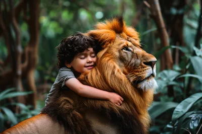Young Boy Hugging A Majestic Lion In The Forest