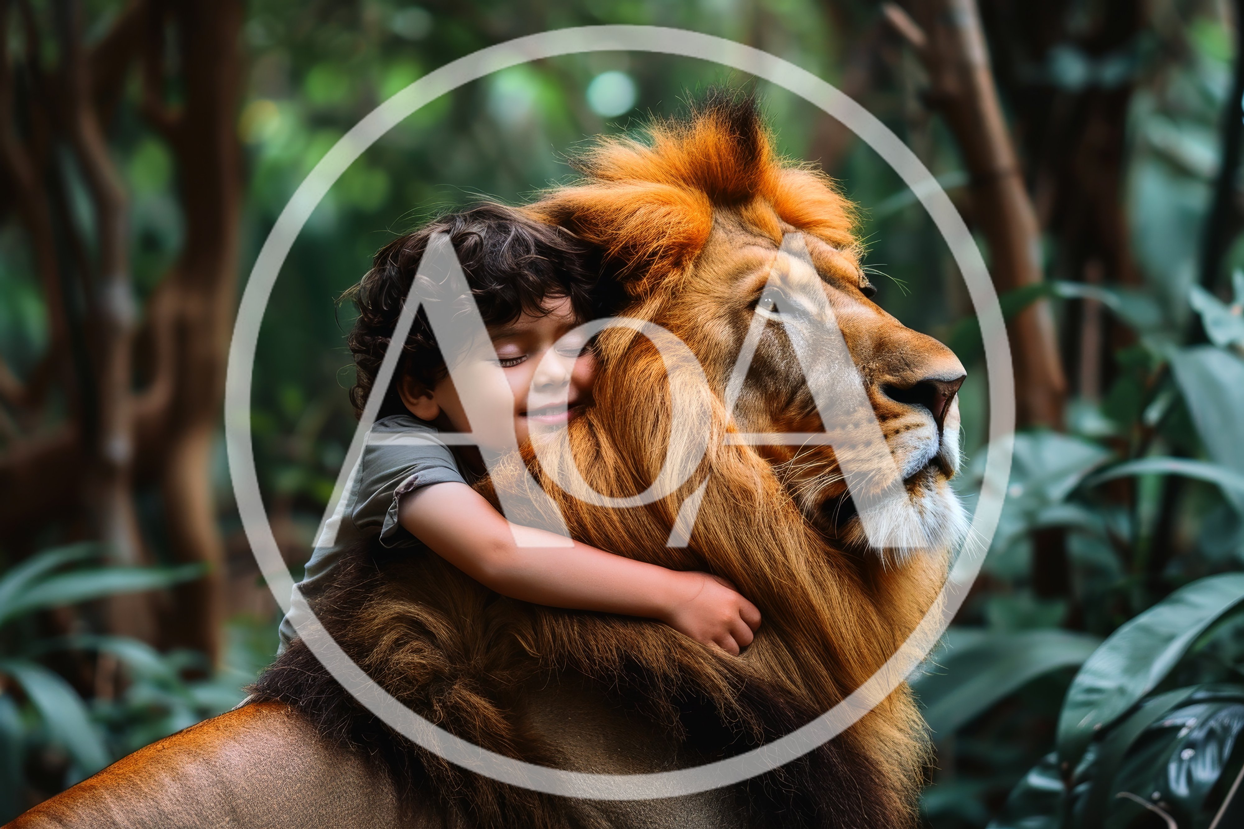 Young Boy Hugging A Majestic Lion In The Forest