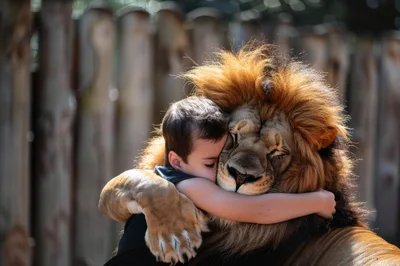 Young Boy Hugging A Large Male Lion