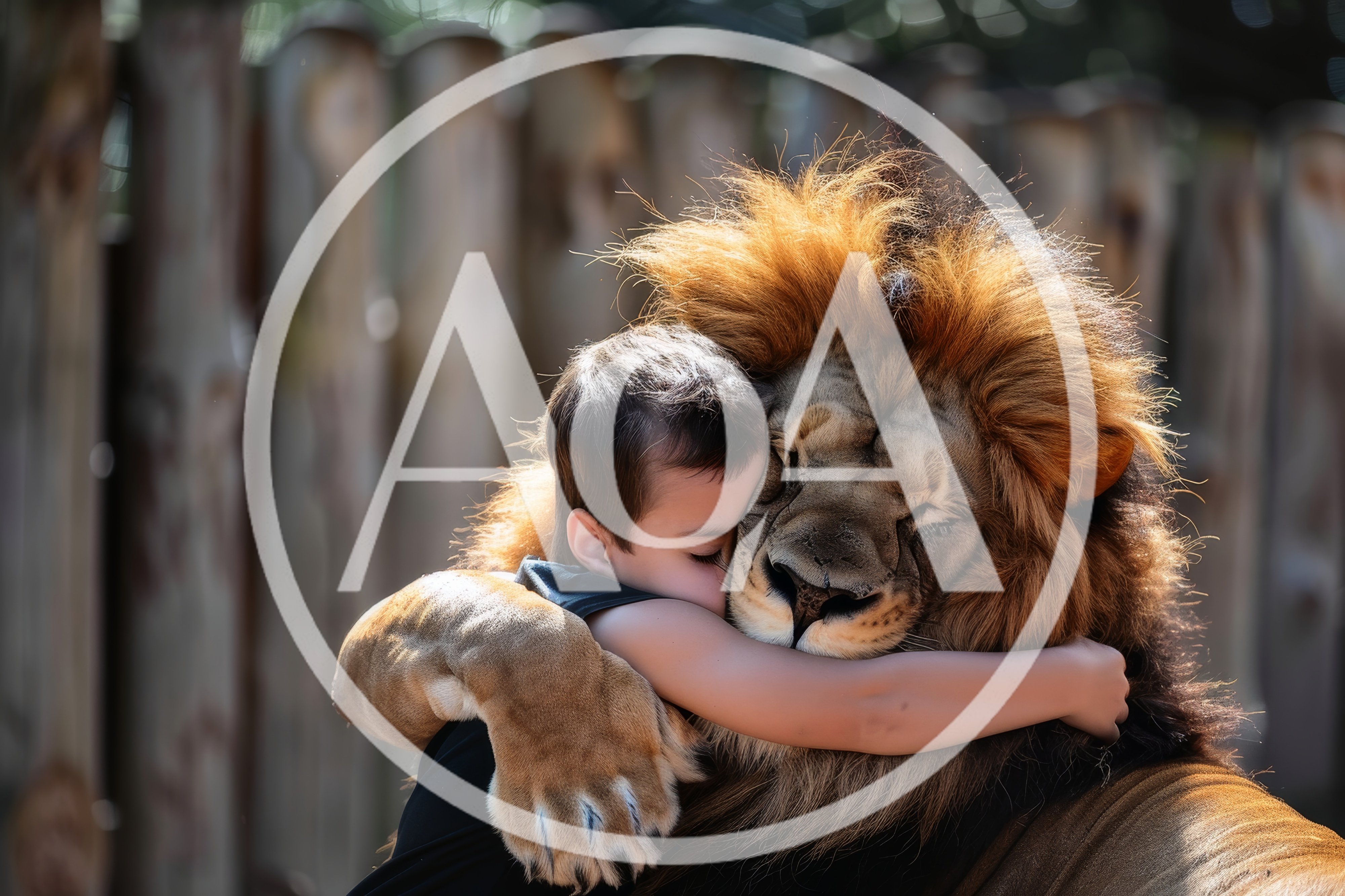 Young Boy Hugging A Large Male Lion