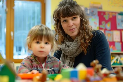 Teacher and Toddler Playing with Colorful Building Blocks
