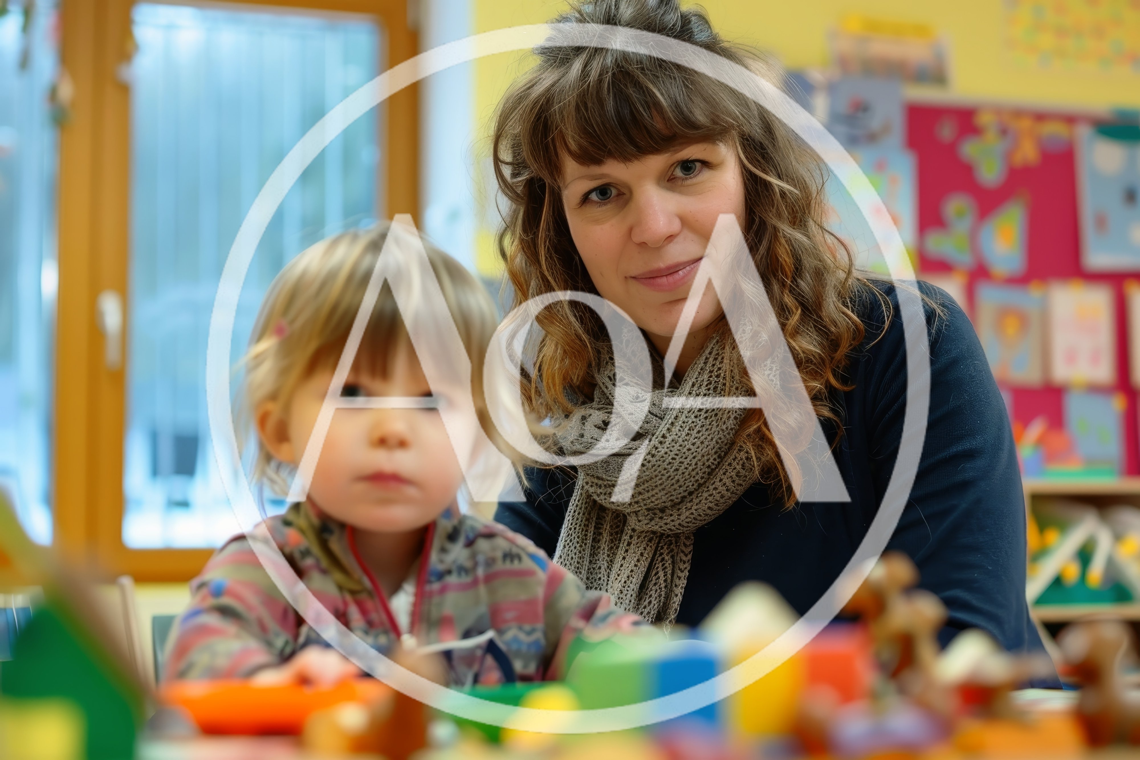 Teacher and Toddler Playing with Colorful Building Blocks