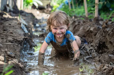 Happy Toddler Playing In Muddy Garden Trench