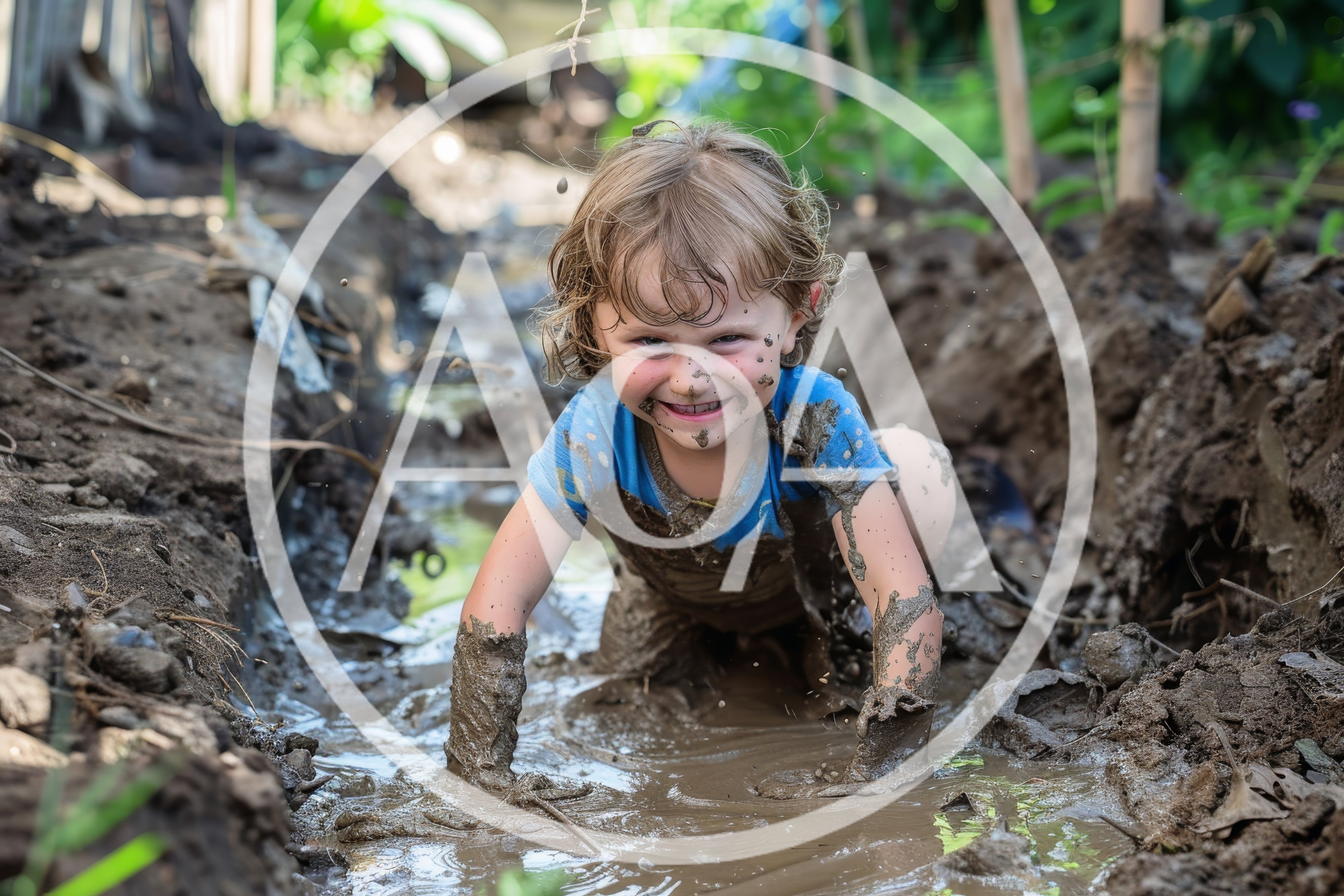 Happy Toddler Playing In Muddy Garden Trench