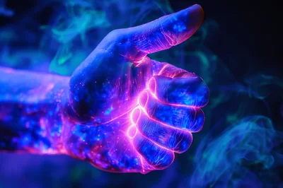 Glowing Neon Human Hand Giving A Thumbs Up