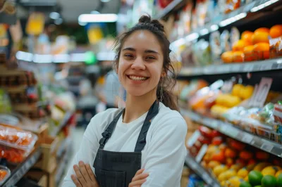 Smiling Grocery Store Employee Standing In Produce Aisle