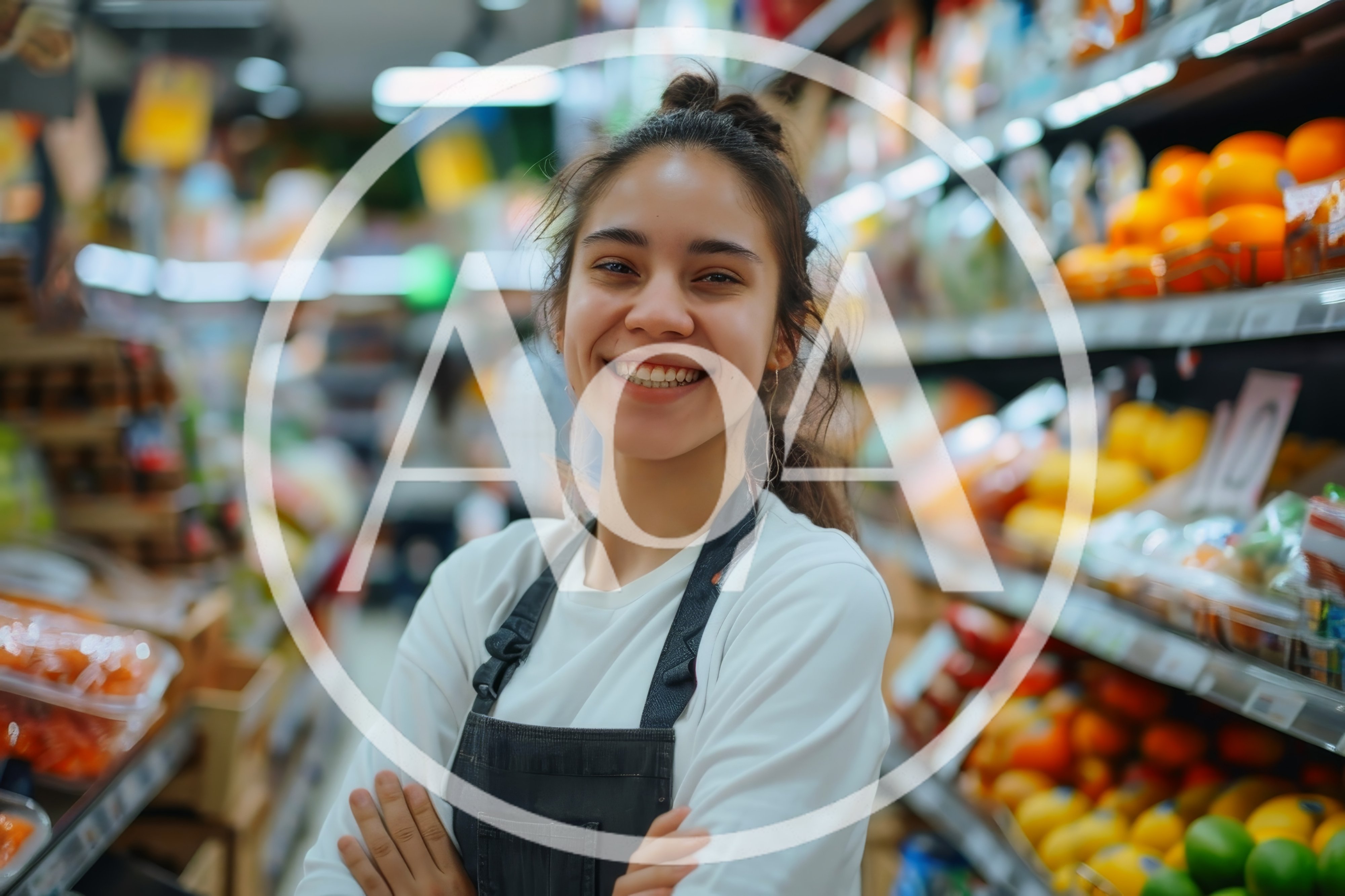 Smiling Grocery Store Employee Standing In Produce Aisle