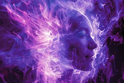 Ethereal Human Face Surrounded By Cosmic Purple Energy