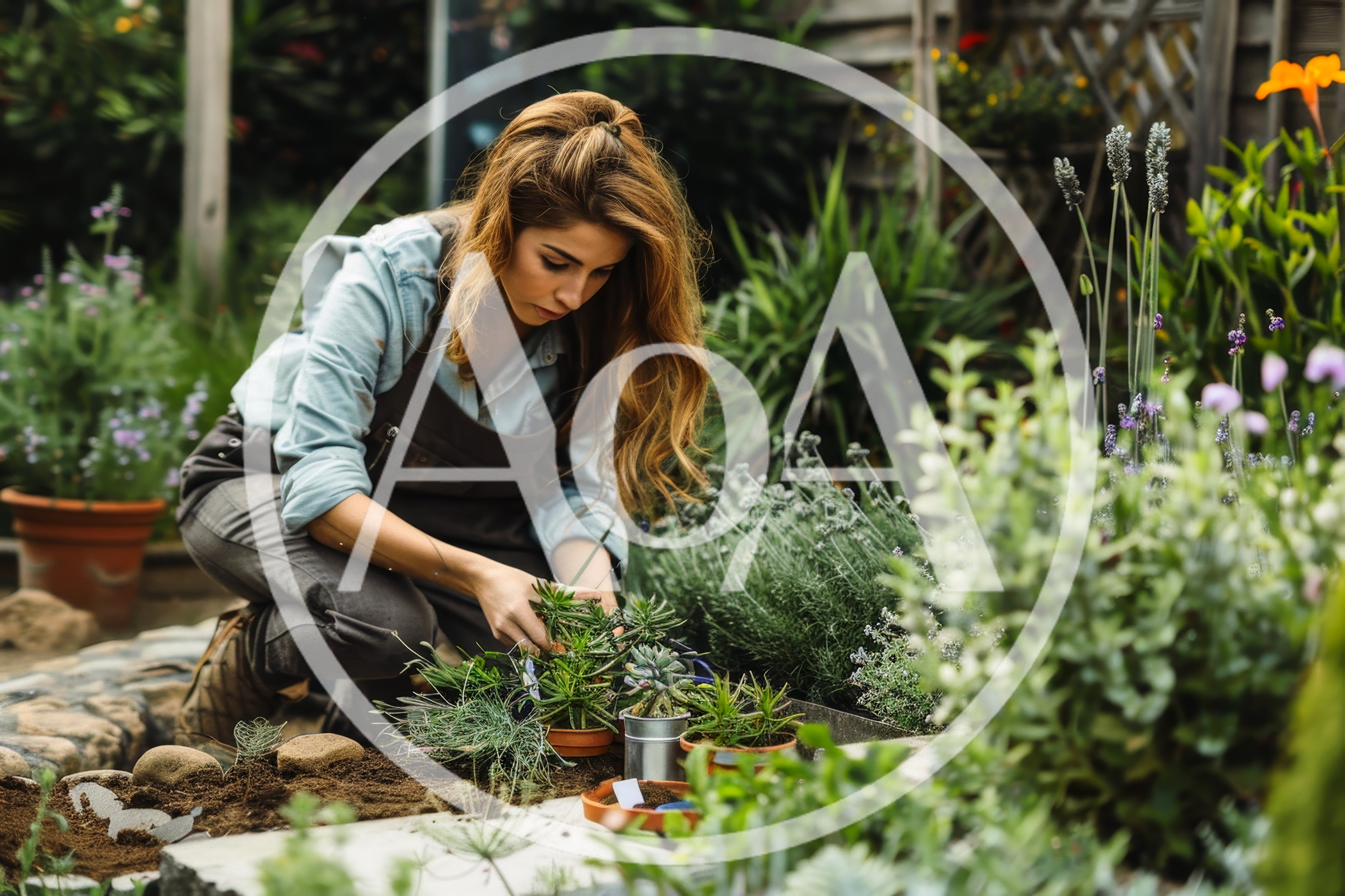 Young Woman Gardening and Planting Succulents in Greenhouse