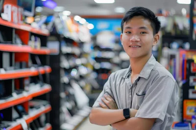 Young Asian Retail Clerk Standing In Electronics Store