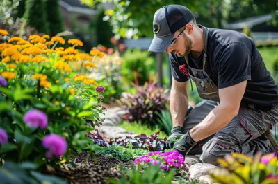 Professional Landscaper Planting Flowers In A Garden Bed