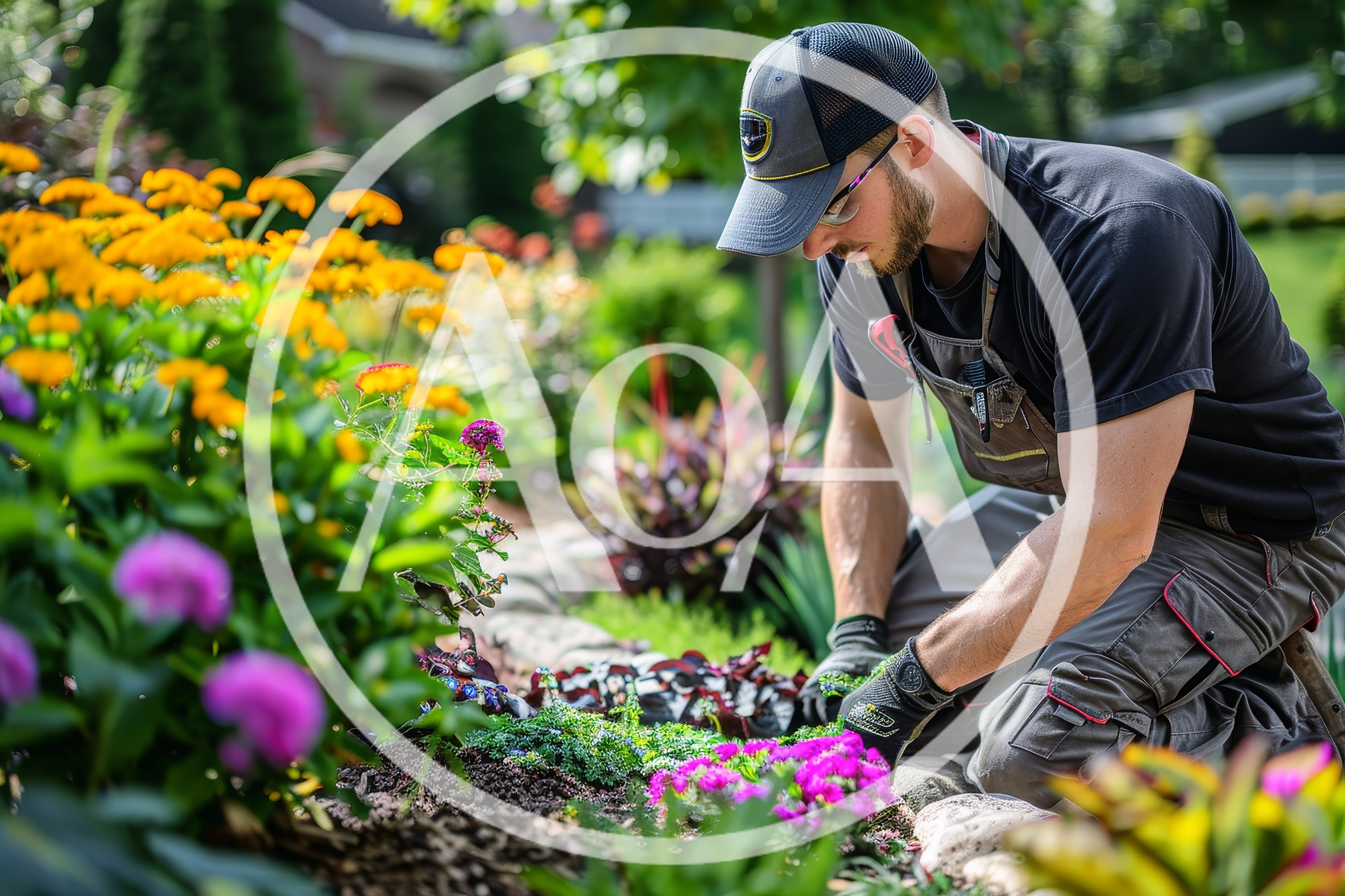 Professional Landscaper Planting Flowers In A Garden Bed