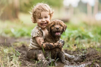 Toddler and Puppy Playing Together in Mud
