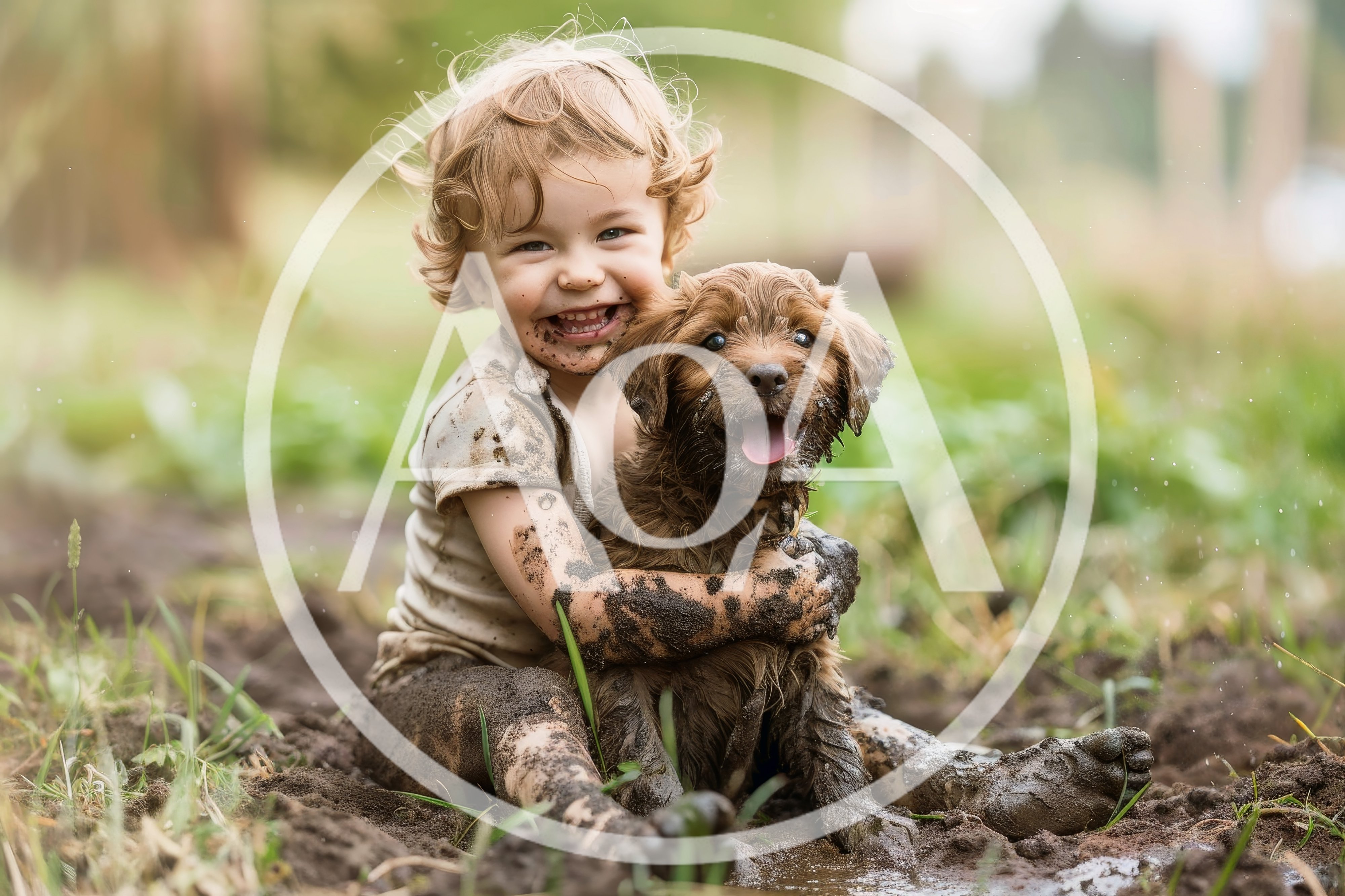 Toddler and Puppy Playing Together in Mud