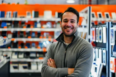 Smiling Male Retail Associate Standing In Electronics Store