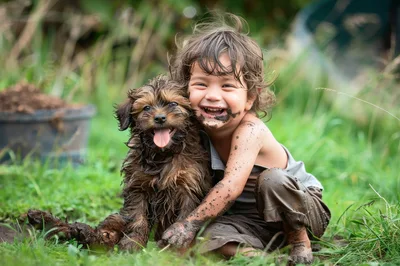 Happy Child Playing With Muddy Puppy Outdoors