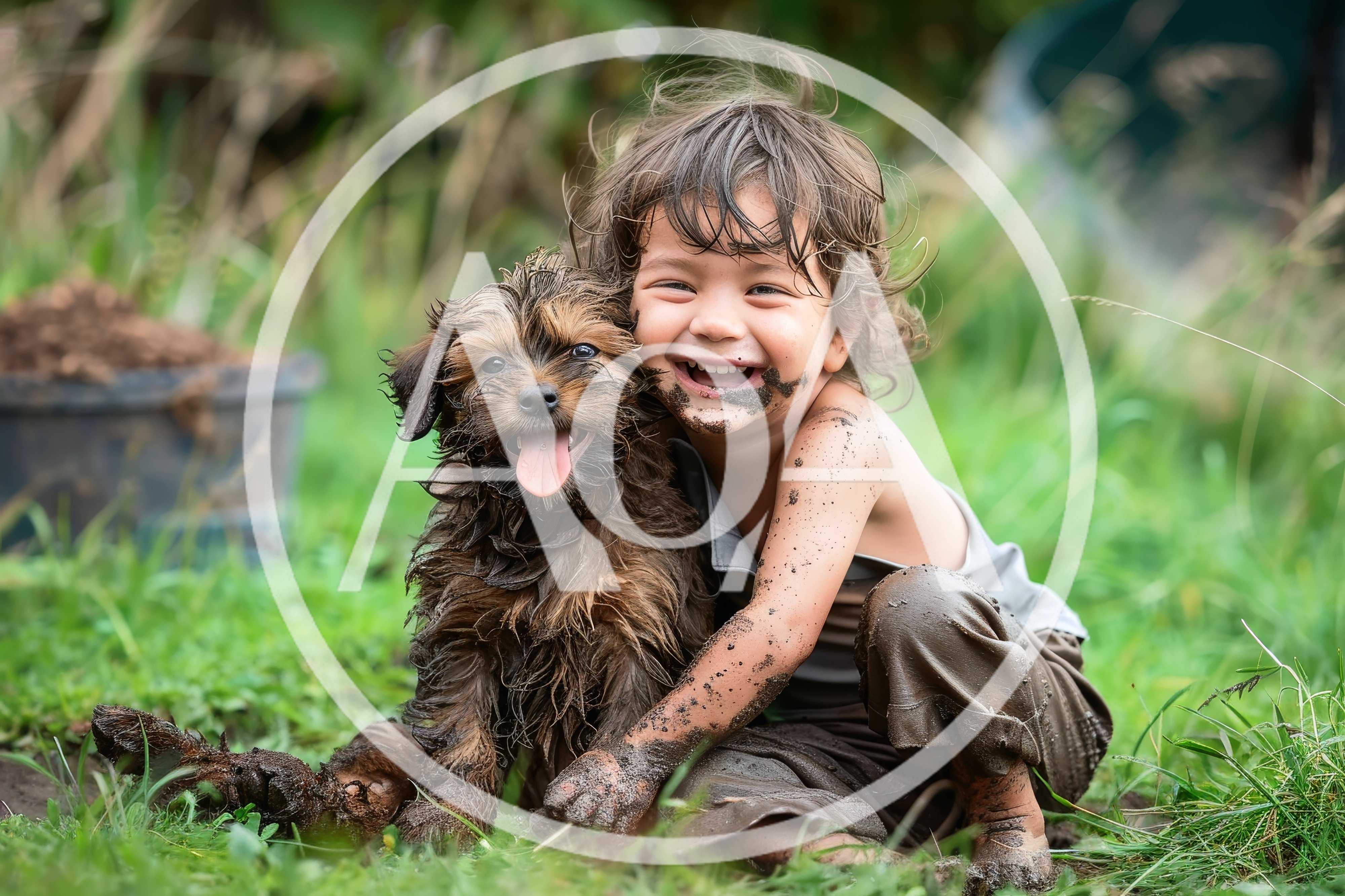 Happy Child Playing With Muddy Puppy Outdoors