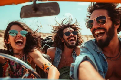 Three Friends Laughing While Driving A Convertible Car